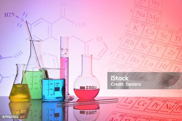 Glass Chemical Containers Colorfull With Representation Background Stock Photo - Download Image Now