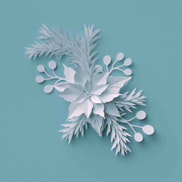 istock 3d render, Christmas background, white paper flower arrangement, festive elements, holiday decoration, greeting card 879167650
