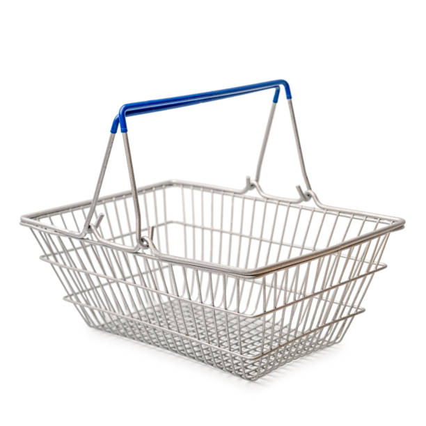 istock empty metal shopping basket isolated on white background, close up 879169896