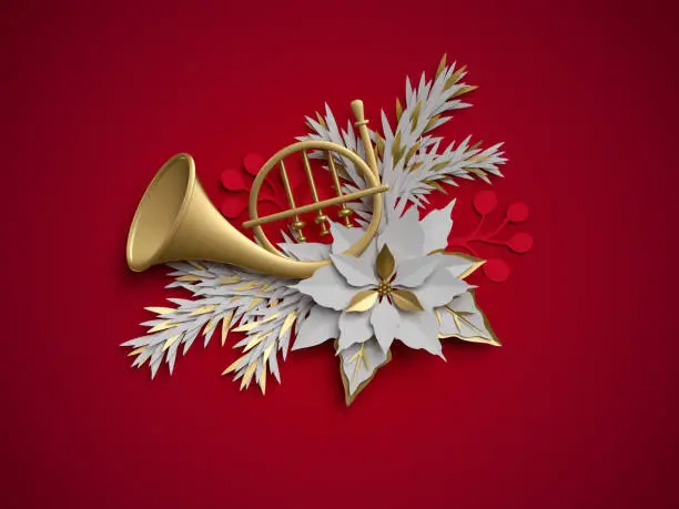 Photo of 3d render, Christmas floral decoration, French horn, musical instrument, poinsettia flower, flat paper craft clip art isolated on red background