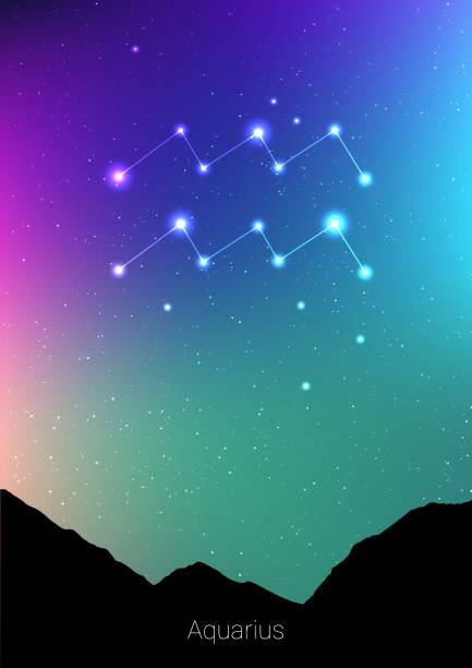 istock Aquarius zodiac constellations sign with forest landscape silhouette on beautiful starry sky with galaxy and space behind. Aquarius horoscope symbol constellation on deep cosmos background. 879172490
