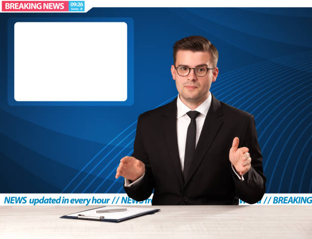 Television reporter telling breaking news at his studio desk with copy space