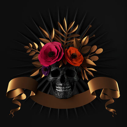 3d render, floral skull, red paper flowers, gold leaves, ribbon tag, Halloween decor, isolated on black background
