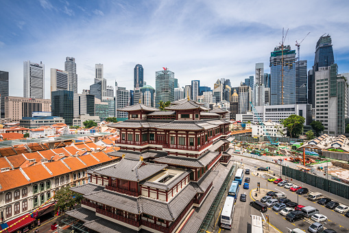 Aerial view of Buddha Tooth Relic Temple and modern skyscrapers in Singapore.