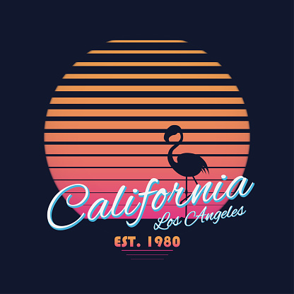 80s style vintage California typography. Retro t-shirt graphics with tropical paradise scene and flamingo silhouette. Vector