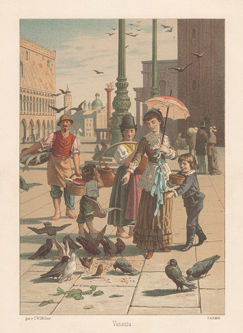 St. Mark's Square in Venice, Italy. Nostalgic scene from the 19th century. Lithograph after a drawing by Karl Wilhelm Müller (German painter, 1839 - 1904), published in 1883.