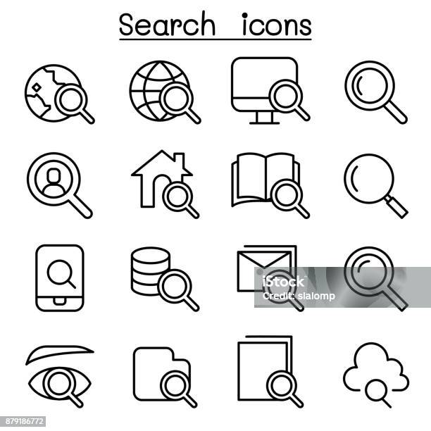 Search Icon Set In Thin Line Style Stock Illustration - Download Image Now - Magnifying Glass, Globe - Navigational Equipment, Explorer