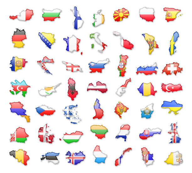 ilustrações, clipart, desenhos animados e ícones de contornos dos países europeus com bandeiras. ilustração em vetor. - uk map british flag england