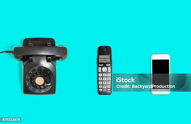 History Of Telephones From Rotary To Smartphone Stock Photo - Download Image Now - History, Telephone, The Past