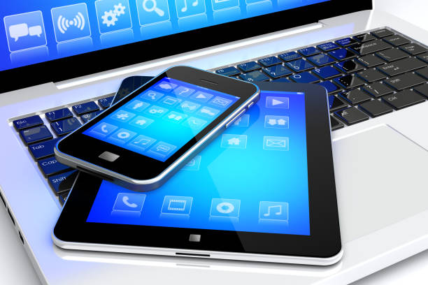 Laptop, tablet pc computer and mobile smartphone gadget with a blue background and apps on a device screen. Isolated on a white. 3d image