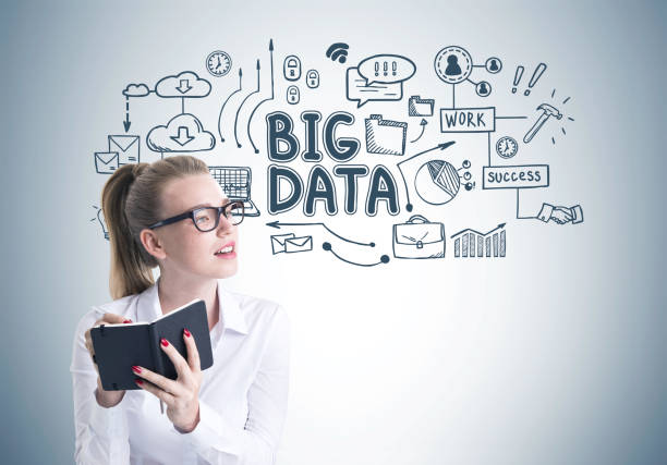 istock Young blonde woman in glasses writing, big data 879240262