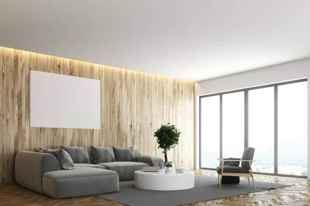 istock Wooden living room, gray sofa, poster side 879242902