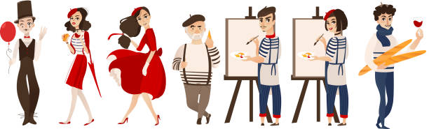 French people, mimes, artists - symbols of France French characters, mimes and artists with cheese, baguette, wine as symbols of France, flat cartoon vector illustration isolated on white background. French people, mimes, artists - symbols of France entertainment occupation stock illustrations