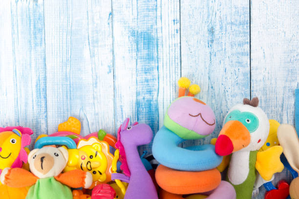 istock Set of colorful Kids toys frame. Copy space for text 879244656