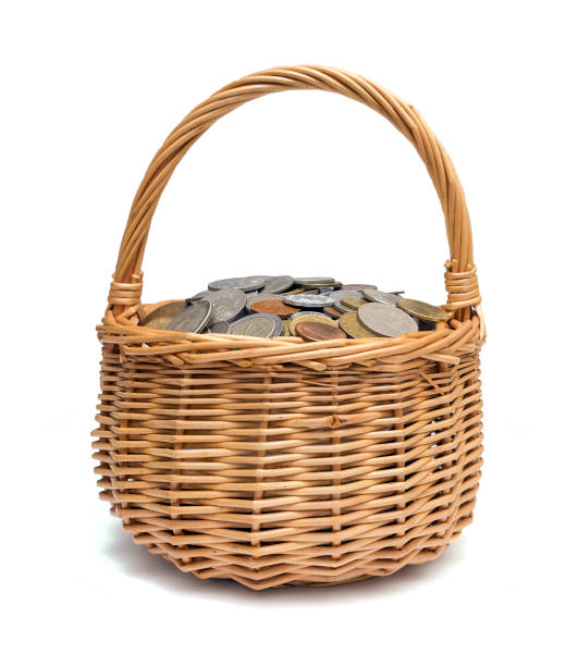 istock Wicker basket with coins of different countries 879249272