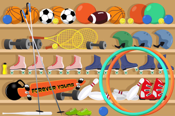 Gym closet Shelves filled with sport equipment in a school gym, EPS 8 vector illustration ski ball stock illustrations