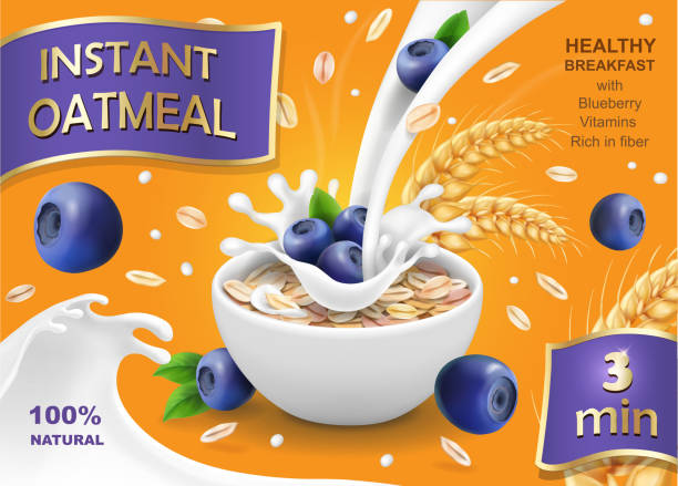 ilustrações de stock, clip art, desenhos animados e ícones de instant oatmeal with milk, blueberry and oat advertising, vector illustration - oatmeal