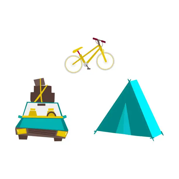 Vector illustration of Car with baggage, tourist tent and mountain bike