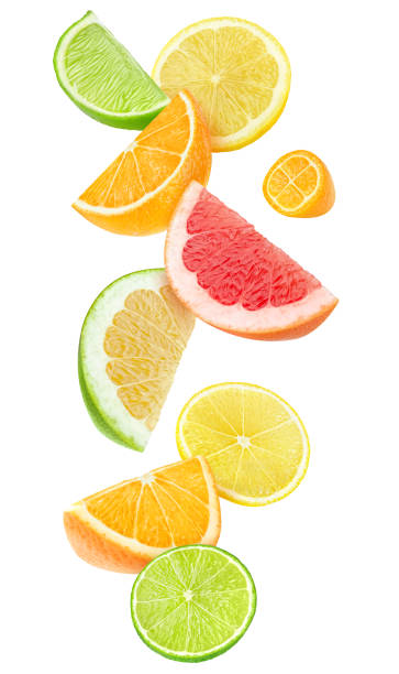 Isolated falling sliced citrus fruits Isolated citrus fruits pieces in the air. Sliced orange, lemon, lime, grapefruit and kumquat falling isolated on white background with clipping path citrus fruit stock pictures, royalty-free photos & images