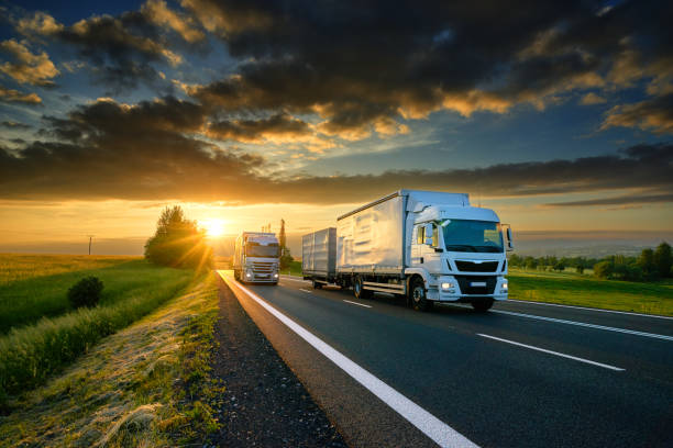istock Overtaking trucks on an asphalt road in a rural landscape at sunset 879265016