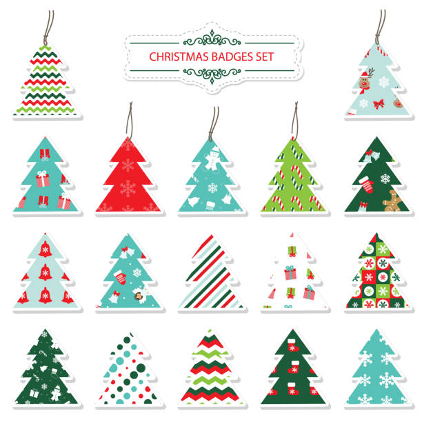 Christmas and new year labels and stickers. Christmas and new year labels and stickers in the shape of a christmas tree. Different festive patterns are full under clipping mack. silhouette of christmas cookie border stock illustrations