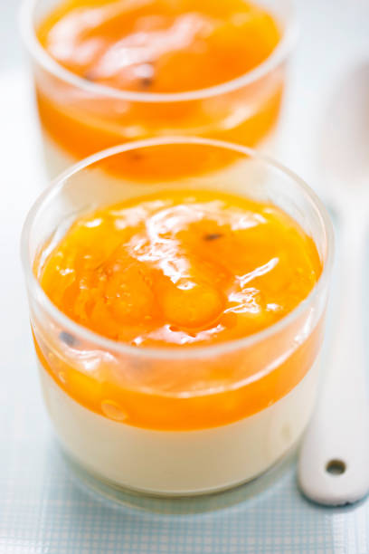 istock Panna cotta dessert with mango and passion fruit jelly 879273072