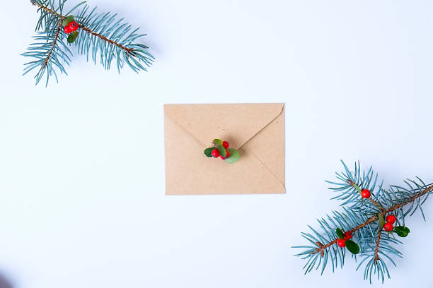 istock Christmas collection with envelope, ribbon, red berries for mock up template design. View from above. Flat lay, copy space. 879273146