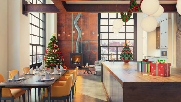 istock Christmas theme decorated apartment interior 879276032