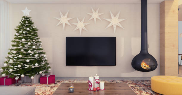 istock Christmas theme decorated apartment interior with TV set 879276034