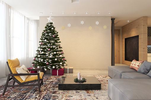 Living room apartment interior with large Christmas tree.Blank wall for copy space.  lots of red presents, decorative carpet and coffee table with candles.  new years eve holiday template render