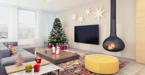 istock Christmas theme decorated apartment interior with TV set 879276184