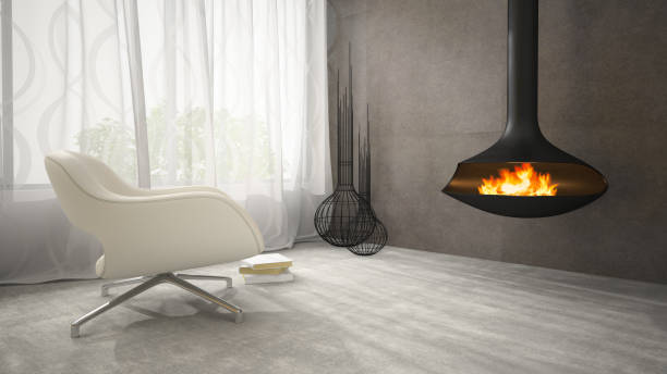 istock Part of interior with fireplace and armchair 3D rendering 879276700