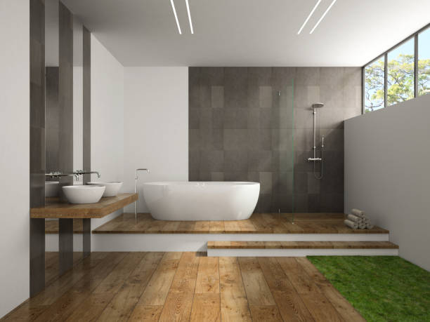 istock Interior of the bathroom with grass floor 3D rendering 879279268