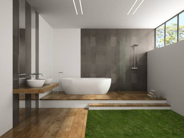 istock Interior of the bathroom with grass floor 3D rendering 879279488