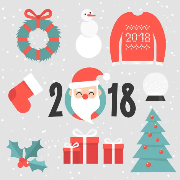 Vector illustration of Set of christmas stickers. Santa portrait, red sweater, christmas tree, door wreath, crystal ball, gift boxes, chimney socks and holly berry. Flat editable vector illustration, clip art