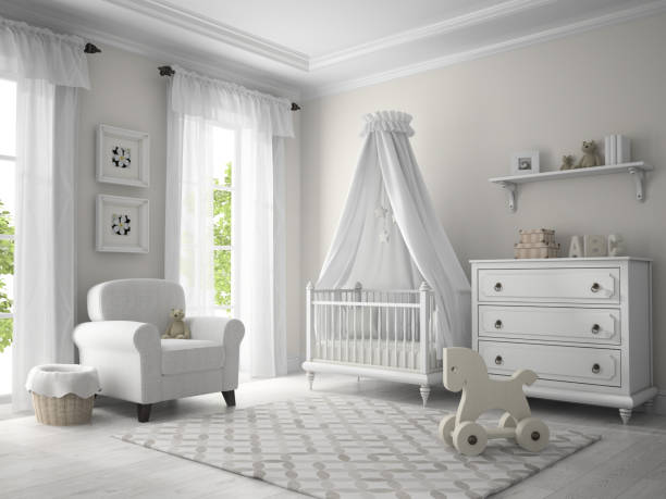 camera per bambini classica in rendering 3d di colore bianco - bedroom nursery domestic room playroom foto e immagini stock