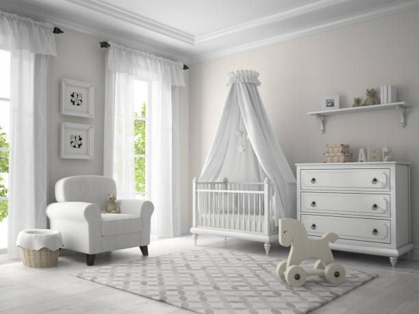 Classic children room in white color 3D rendering Classic children room white color 3D rendering nursery bedroom stock pictures, royalty-free photos & images