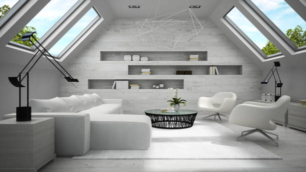 istock Interior of stylish light  mansard room 3D rendering 879280332