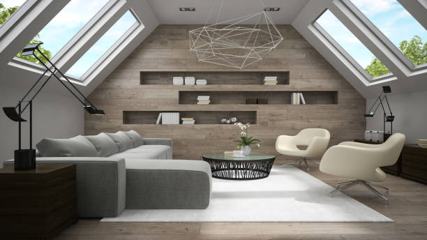 istock Interior of stylish light  mansard room 3D rendering 879280360