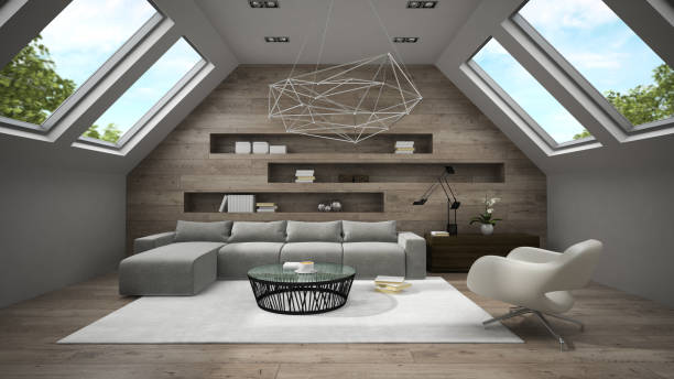 istock Interior of stylish light  mansard room 3D rendering 879282894