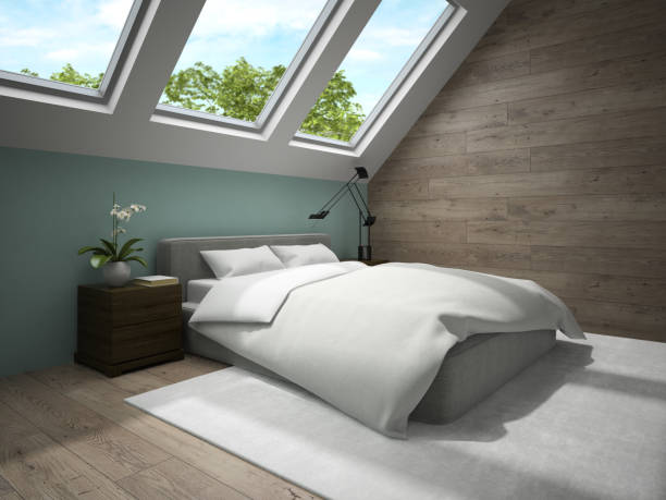 istock Interior of mansard badroom with blue wall 3D rendering 879283106