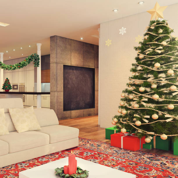 istock Christmas theme decorated apartment interior 879283480