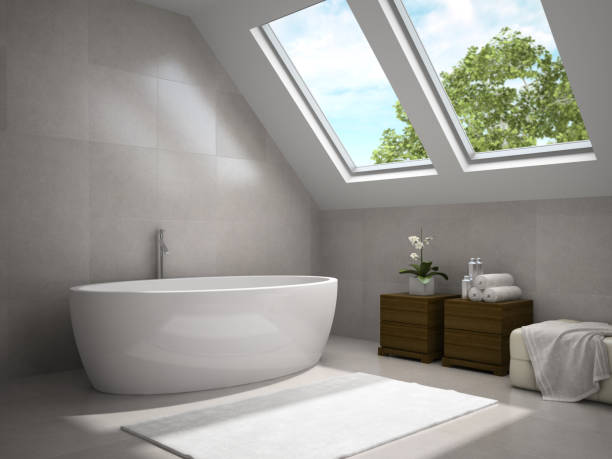 istock Interior of modern bathroom with wooden cupboards 3D rendering 879283856