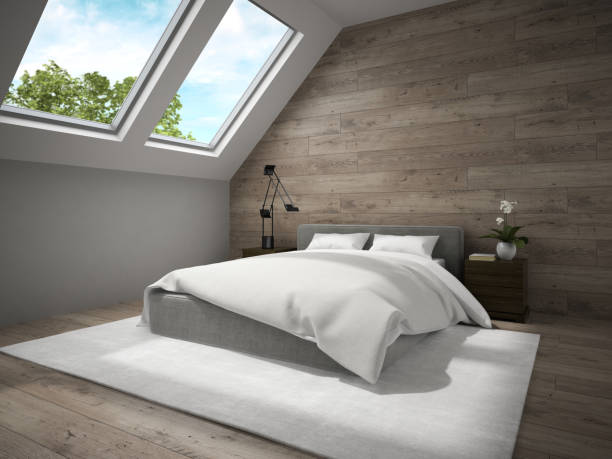 istock Interior of mansard badroom with wooden wall 3D rendering 879283944