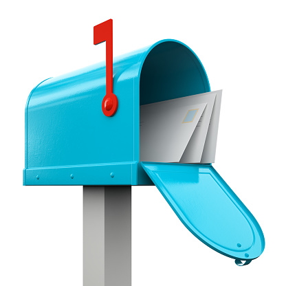 Color image depicting a senior man in his 70s mailing a letter in a traditional red British mailbox while outdoors in winter. There is a layer of snow on top of the mailbox.