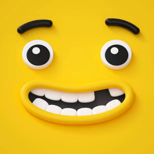 Photo of 3d render, cute childish face, toothless smile, amazed emotion, emoji, emoticon, funny monster