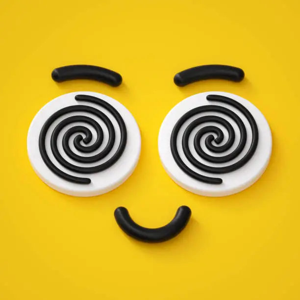 Photo of 3d render, abstract emotional crazy face icon, hypnotic eyes, hypnotized character illustration, cute cartoon monster, emoji, emoticon, toy