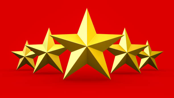 istock Five gold stars isolated on red background 879289334