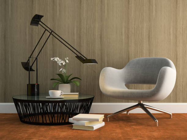 istock Part of interior with grey armchai and wood wall 3d rendering 879289668