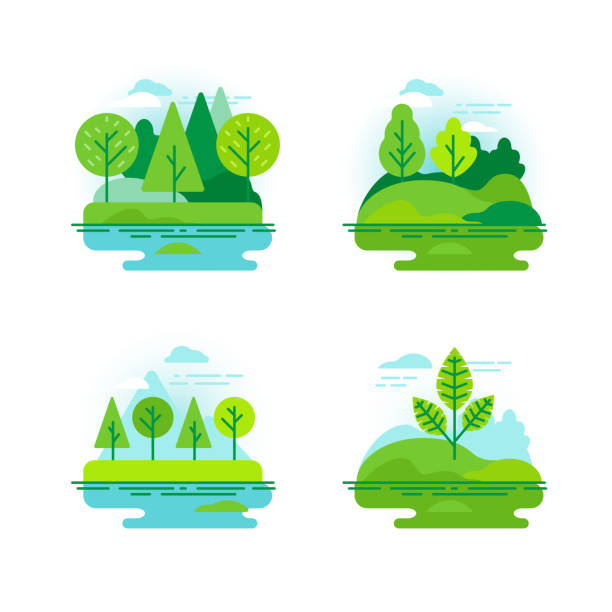 ilustraciones, imágenes clip art, dibujos animados e iconos de stock de paisajes de naturaleza con árboles verdes - campo